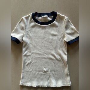 Zara Cream and Navy Ribbed Short Sleeve Tee